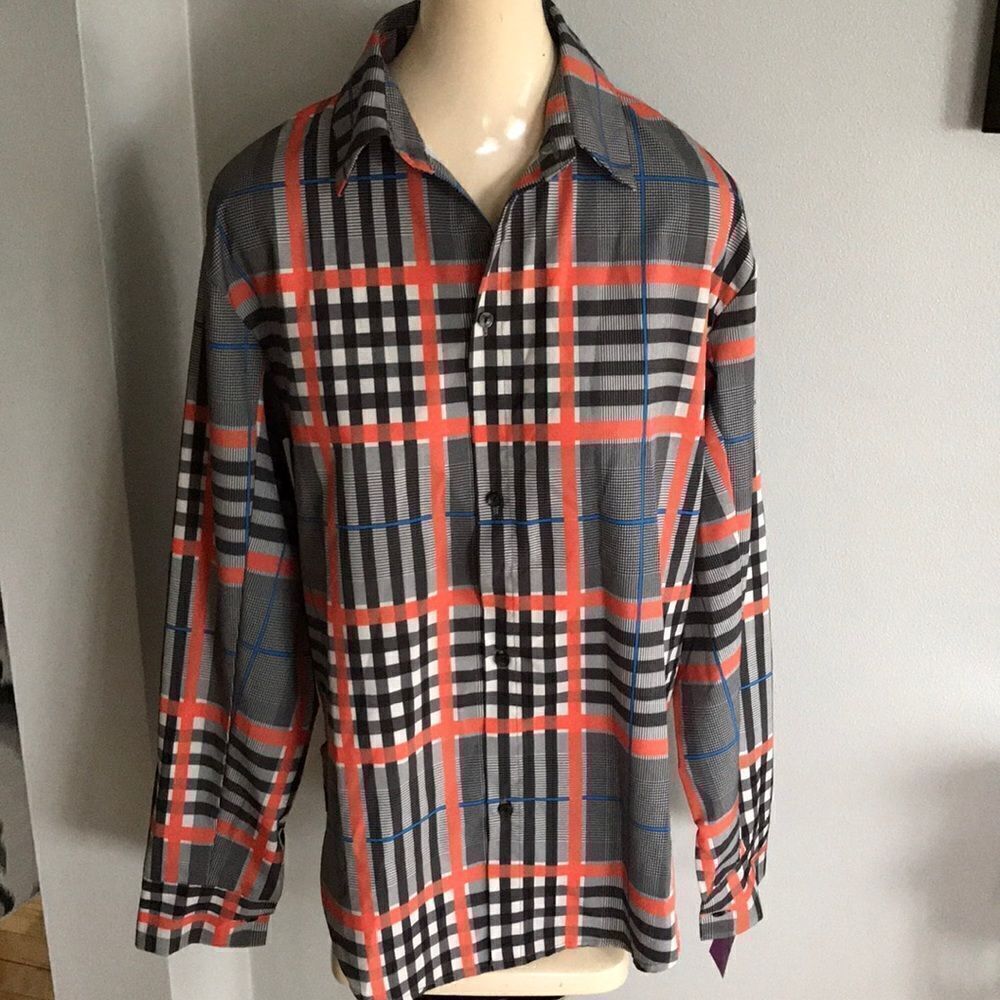 Brach Brach black/red/blue plaid button shirt, sm